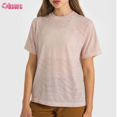Оптовая настройка логотипа Быстросухие Дыхательные спортивные футболки Jacquard Фитнес короткий рукав Йога верхняя женщина короткая длина спортзал футболки