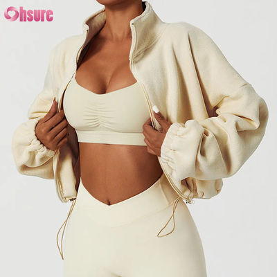 Высококачественный логотип поддержки Top Hoodie Женщины фитнес спортивная одежда Осень длинные рукава шерсть Теплое полное Zip Crop Hoodies